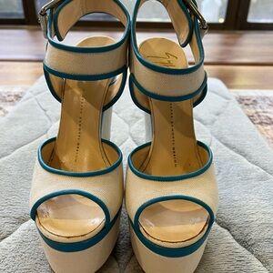Giuseppe Zanotti Cream and Blue Platform Heels